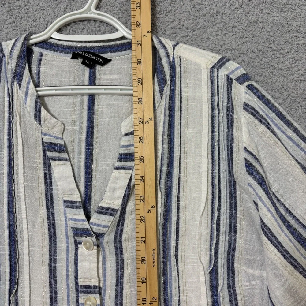 Comfortable Cotton Blend Blouse Roll Tab Sleeve Lightweight Blue Stripe 3X